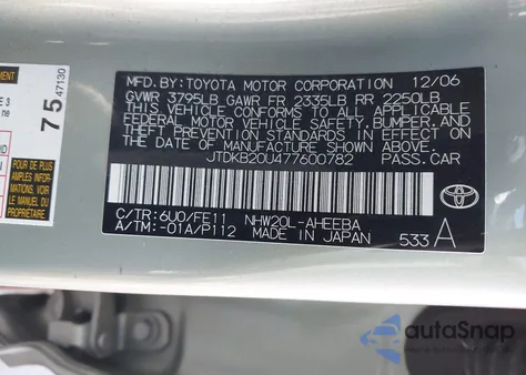 2007 Toyota Prius z USA, uszkodzony, nr VIN JTDKB20U477600782